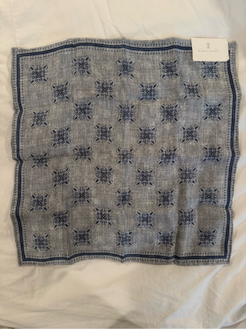 Brunello Cucinelli Blue and White Floral Knit Reversible Pocket Square